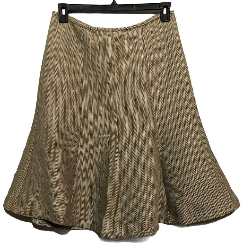 New York NY Skirt Swing Circle Aline Workwear Size 10 Beige Tan Herringbone Knee
